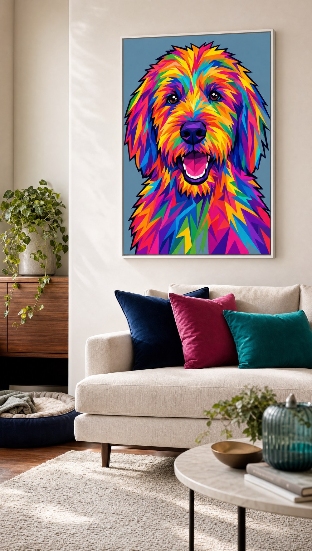 WPAP pet portrait of a Goldendoodle in vivid geometric pop-art color, framed on a living-room wall