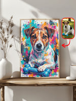 Colorful abstract dog portrait of a Jack Russell terrier with a toy bone