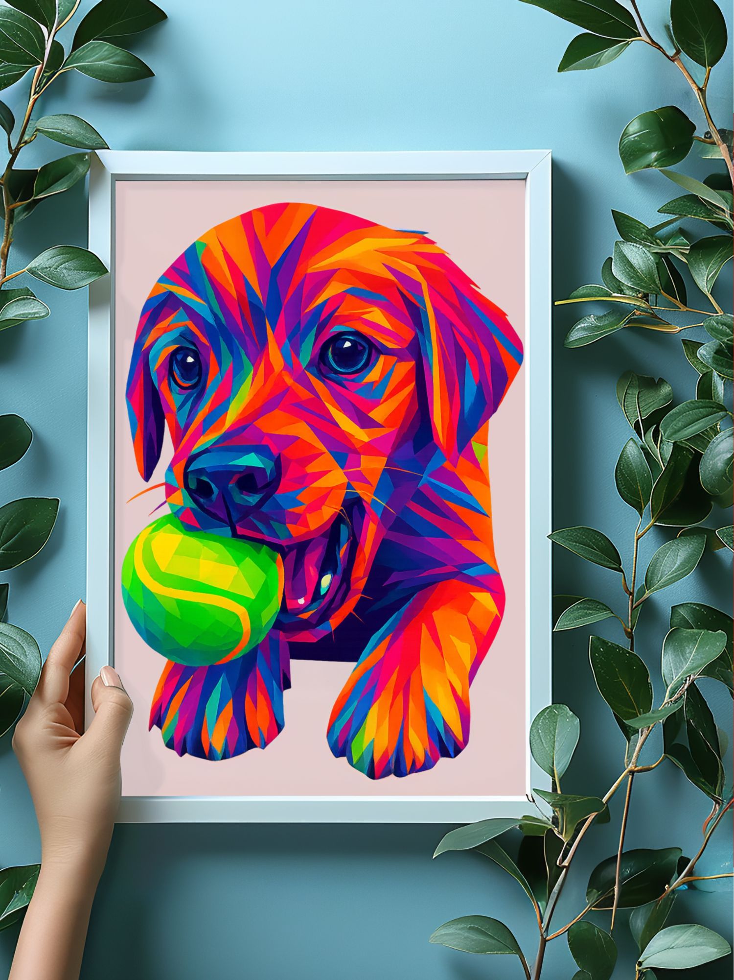 Bold WPAP geometric dog portrait printed from your own photo