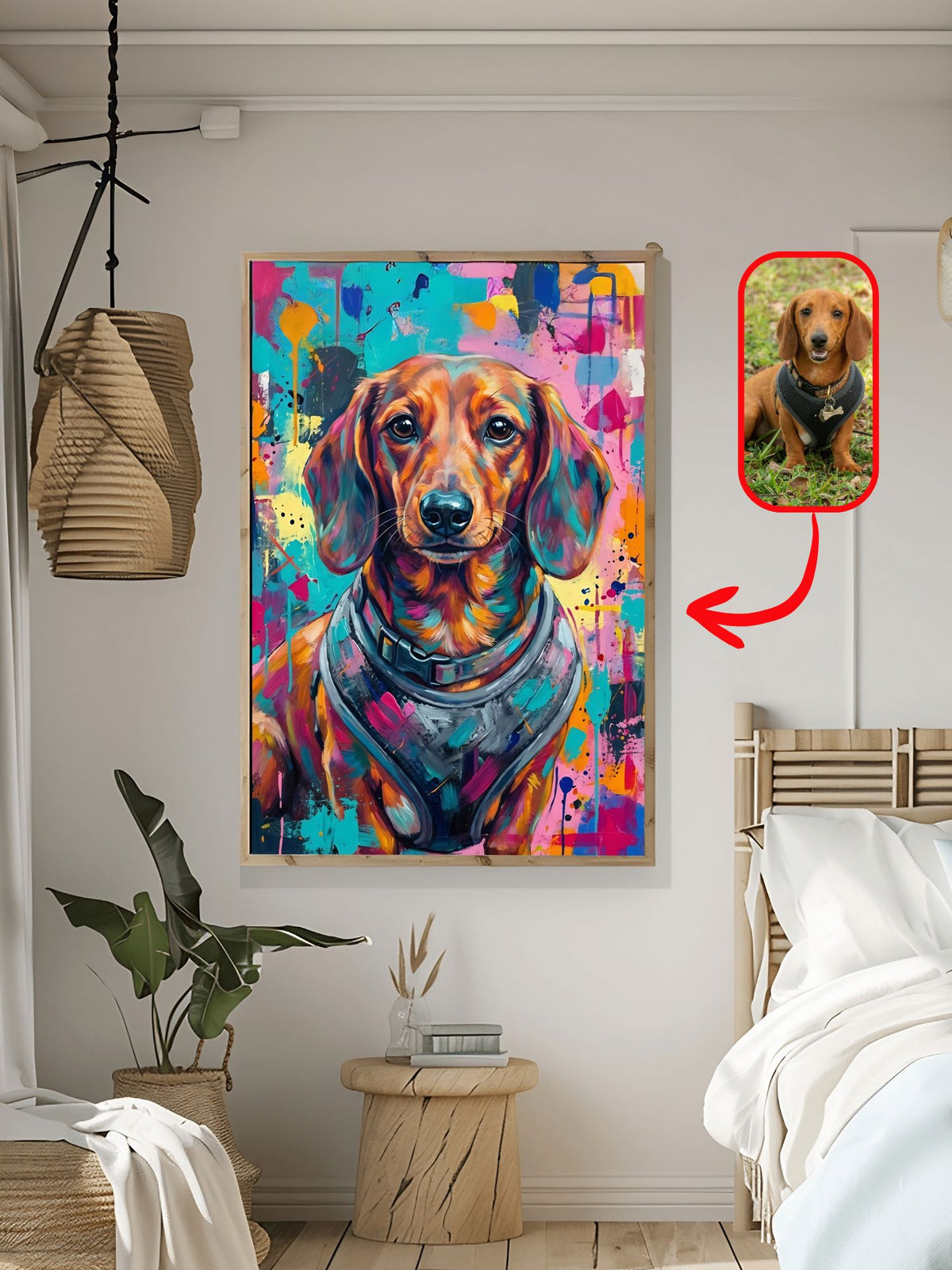 Bold colorful abstract dog portrait of a dachshund from a photo