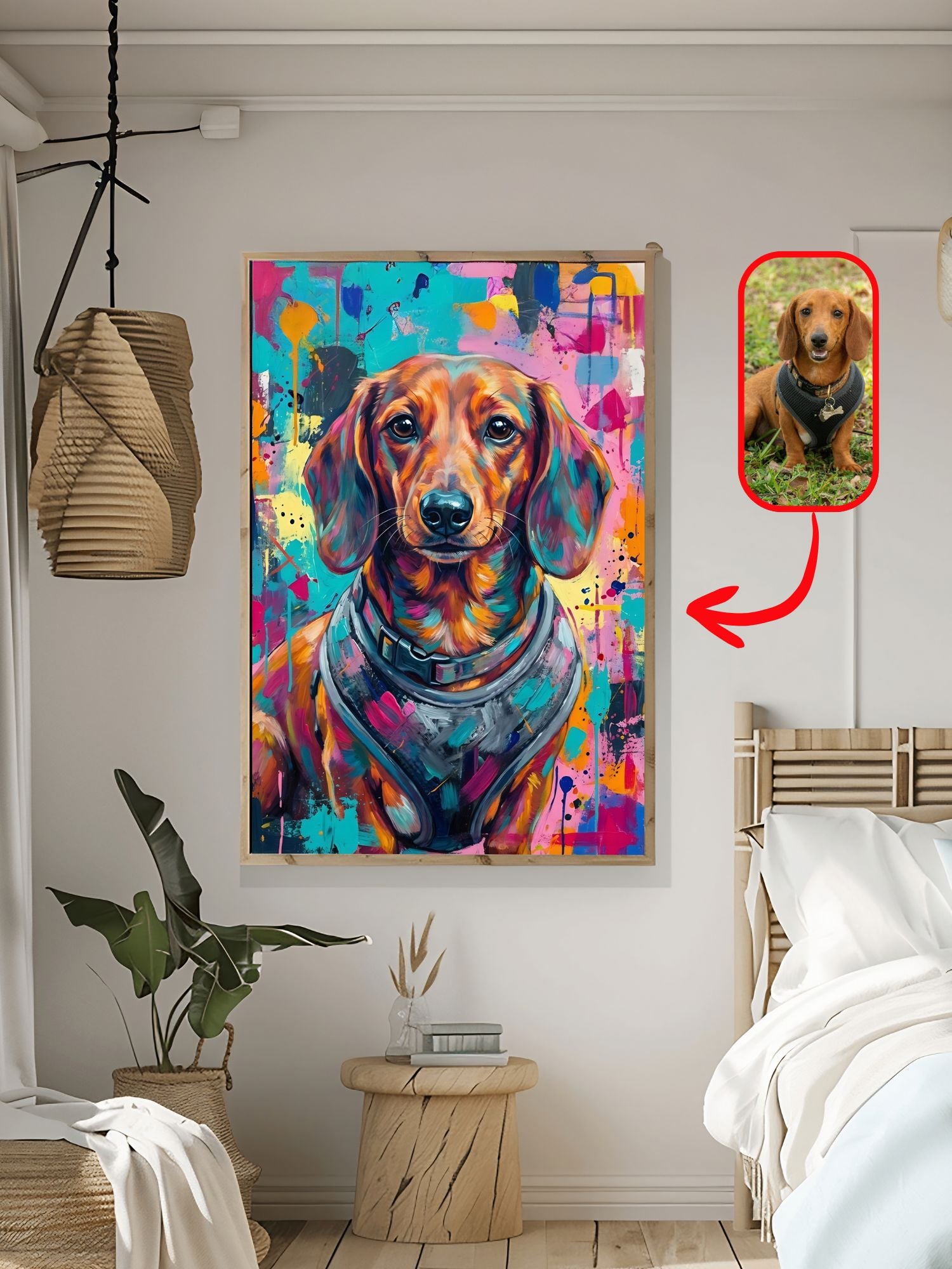 Bold colorful abstract dog portrait of a dachshund from a photo
