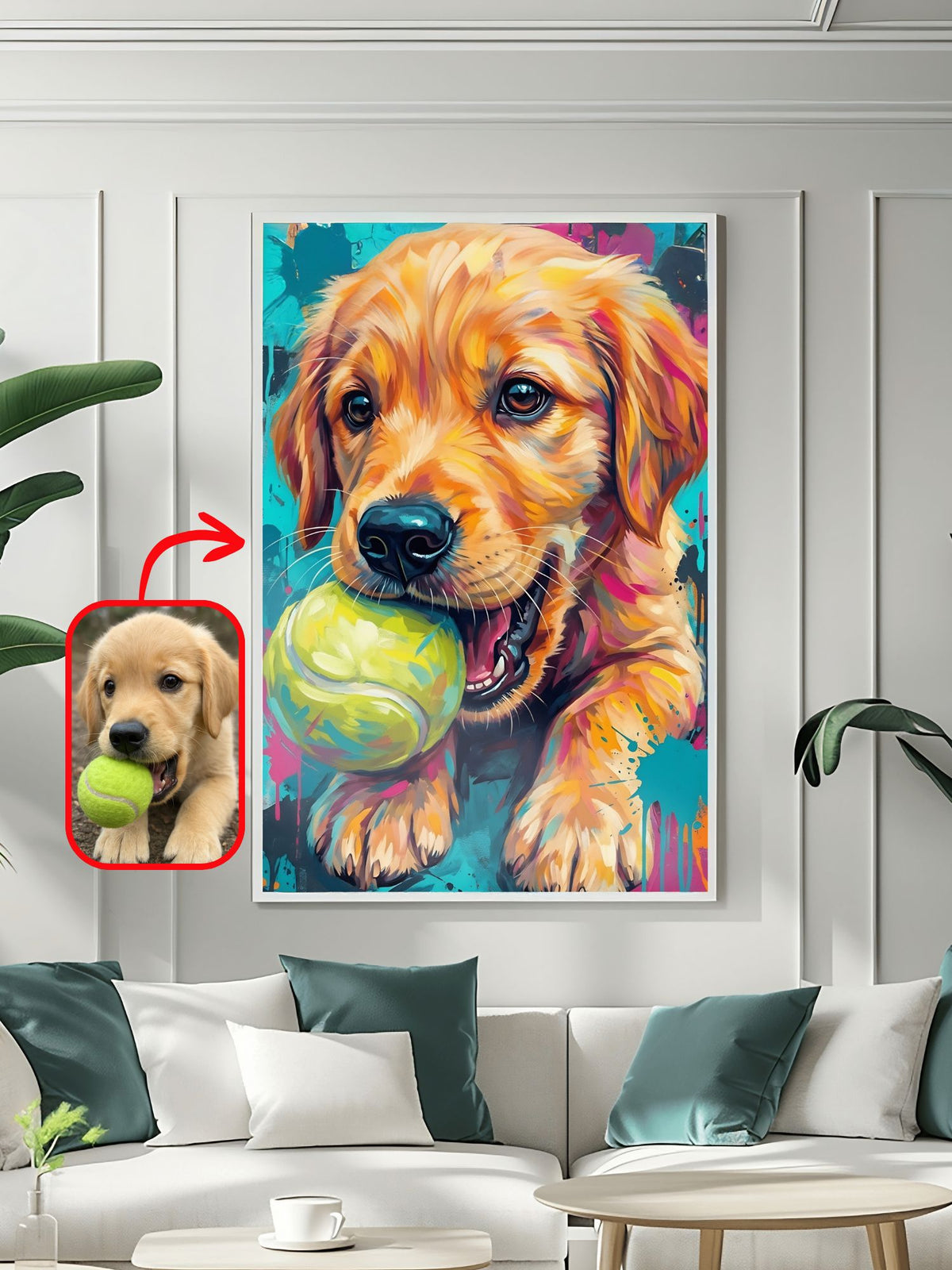 Colorful abstract dog portrait of a golden retriever puppy with a ball