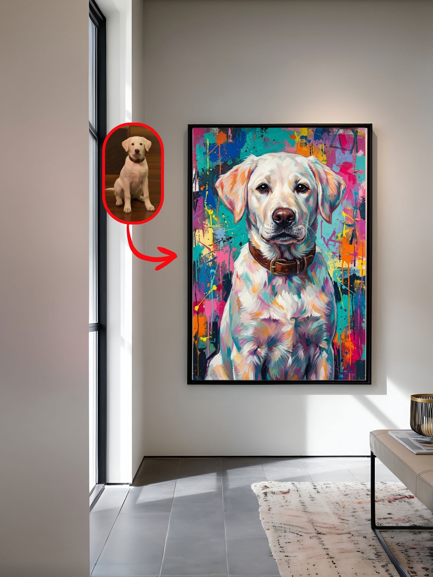 Bold colorful abstract portrait of a yellow Labrador dog from a photo
