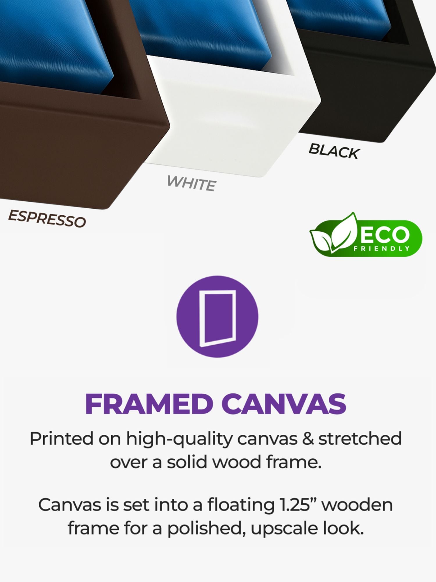 Framed canvas option for custom line art portraits in espresso, white, and black wood frames