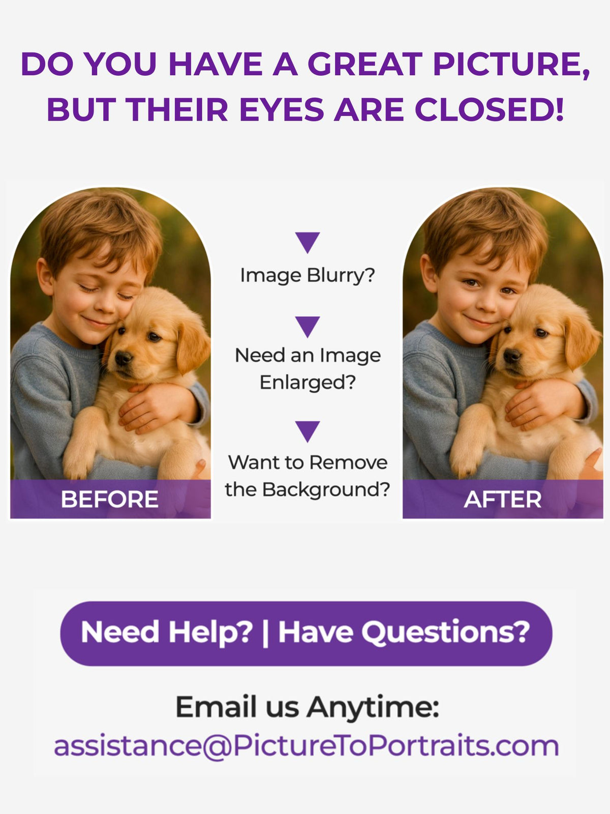 Customer support graphic for custom portraits with photo tips and a contact email address