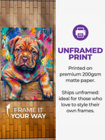 Bold colorful abstract pet portrait on a museum-quality poster