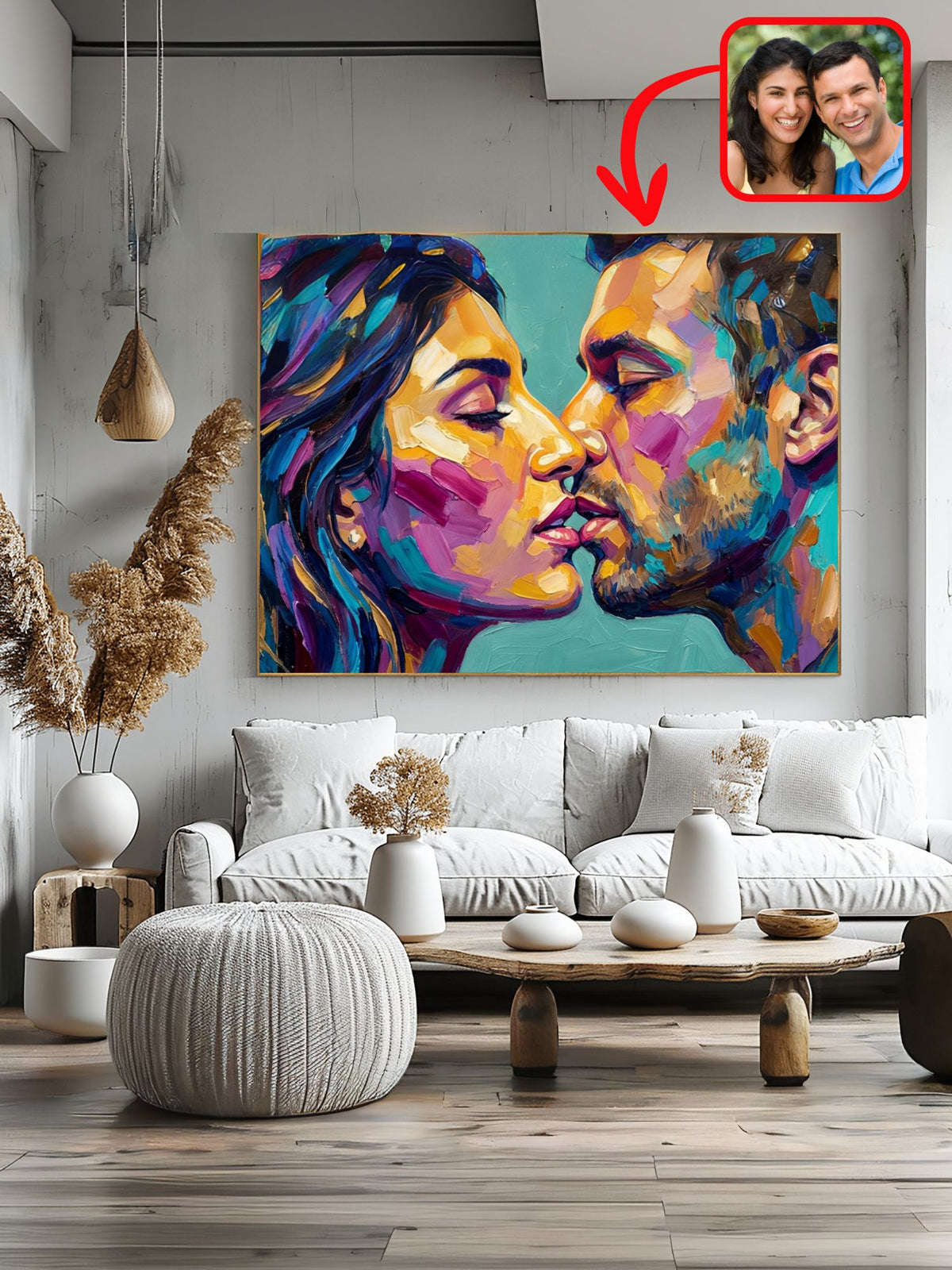 Custom oil-style couple portrait in a modern living room