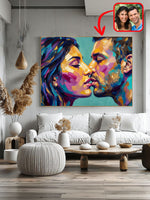 Custom oil-style couple portrait in a modern living room