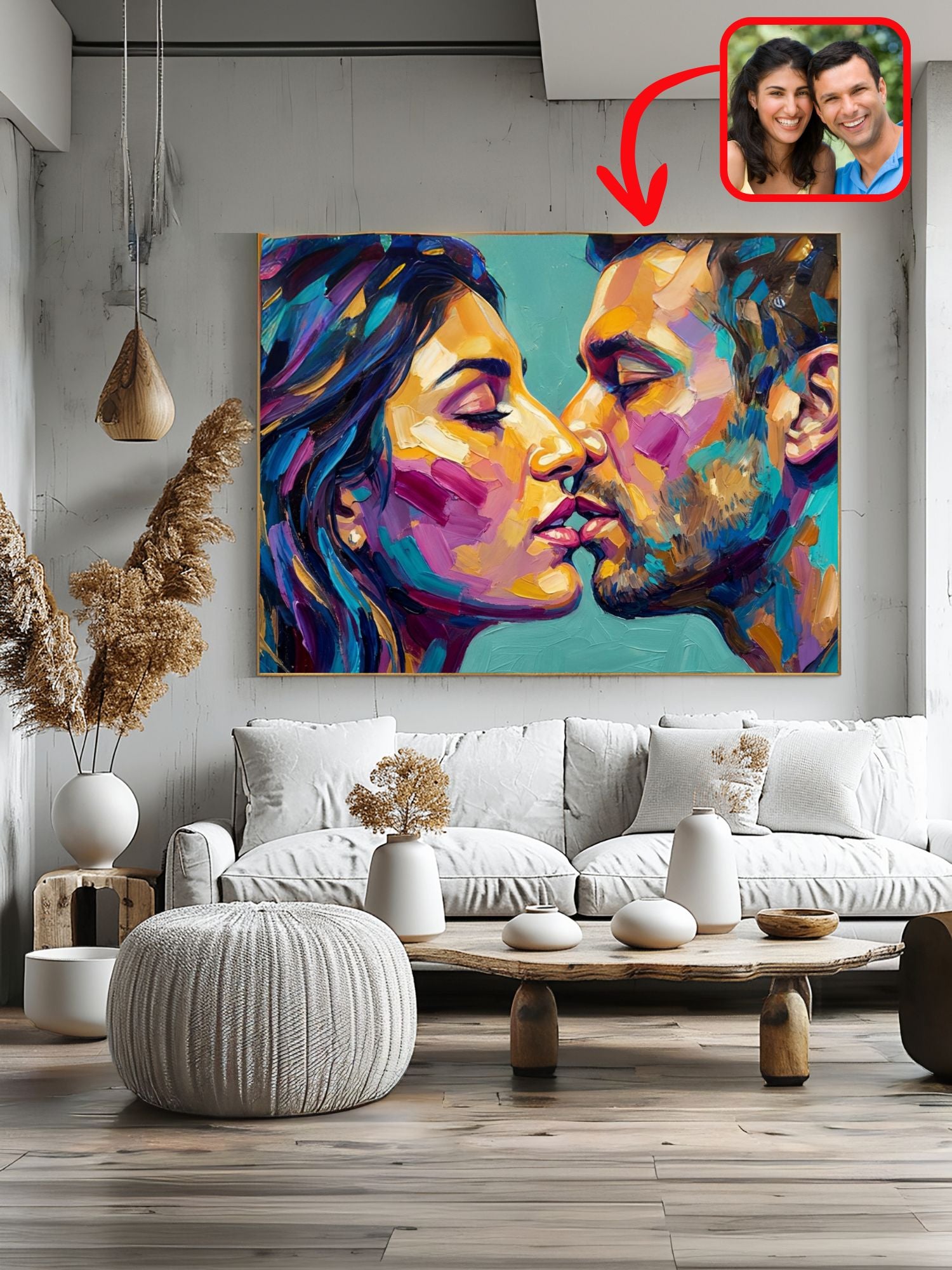 Custom oil-style couple portrait in a modern living room