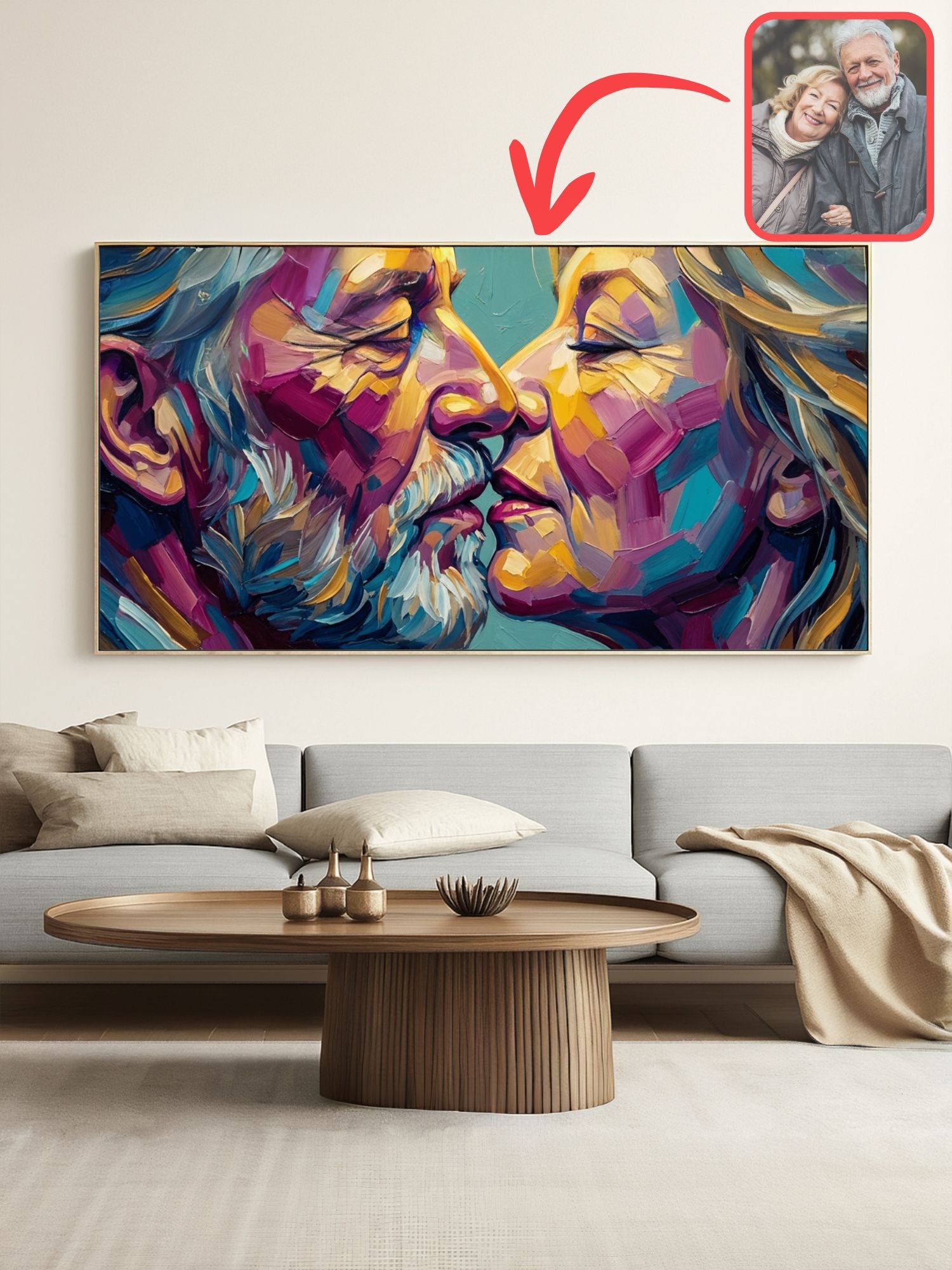 Bold oil-style portrait of a couple with a photo inset