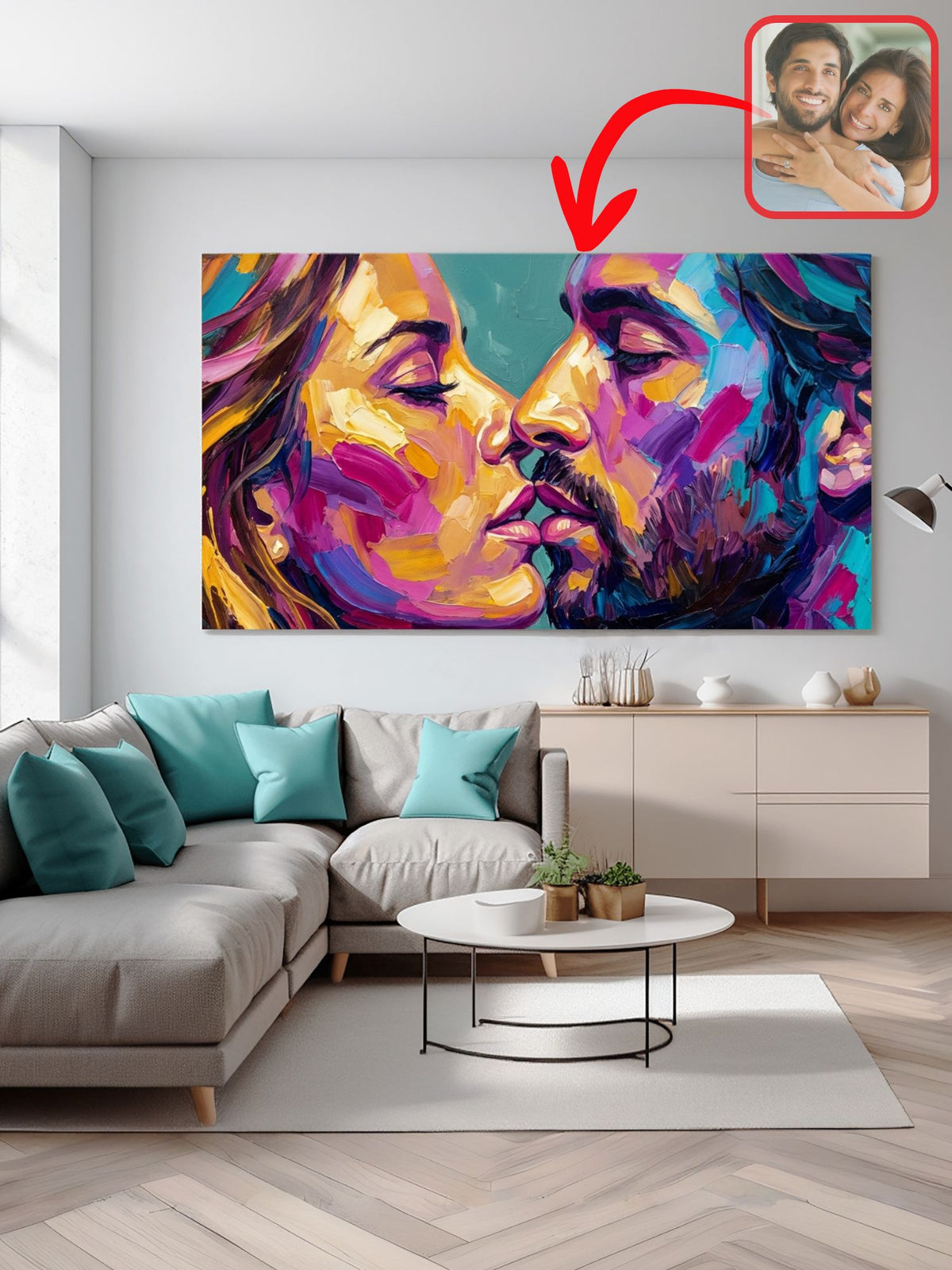 Bold oil-style couple portrait above a sofa