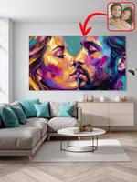 Bold oil-style couple portrait above a sofa