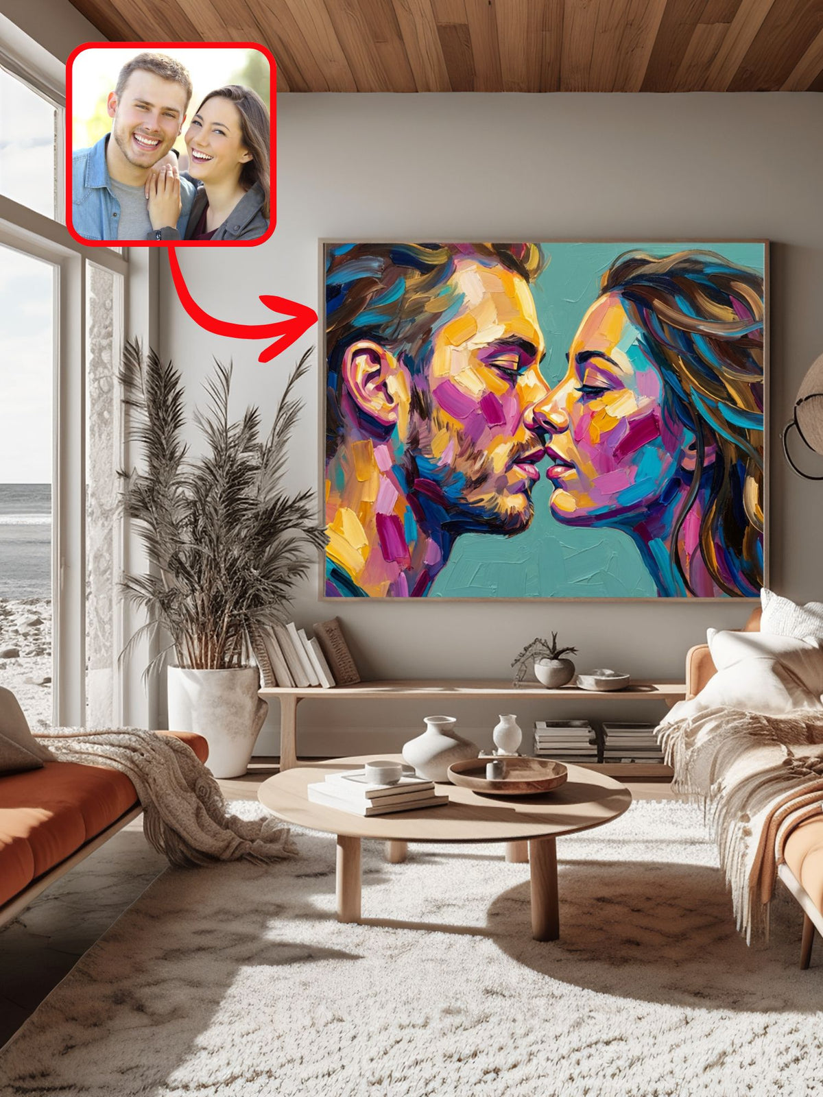 Oil-style couple portrait with an inset of the original photo