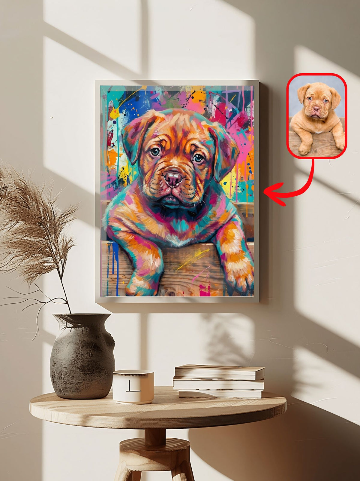 Bold colorful abstract dog portrait of a mastiff puppy from a photo