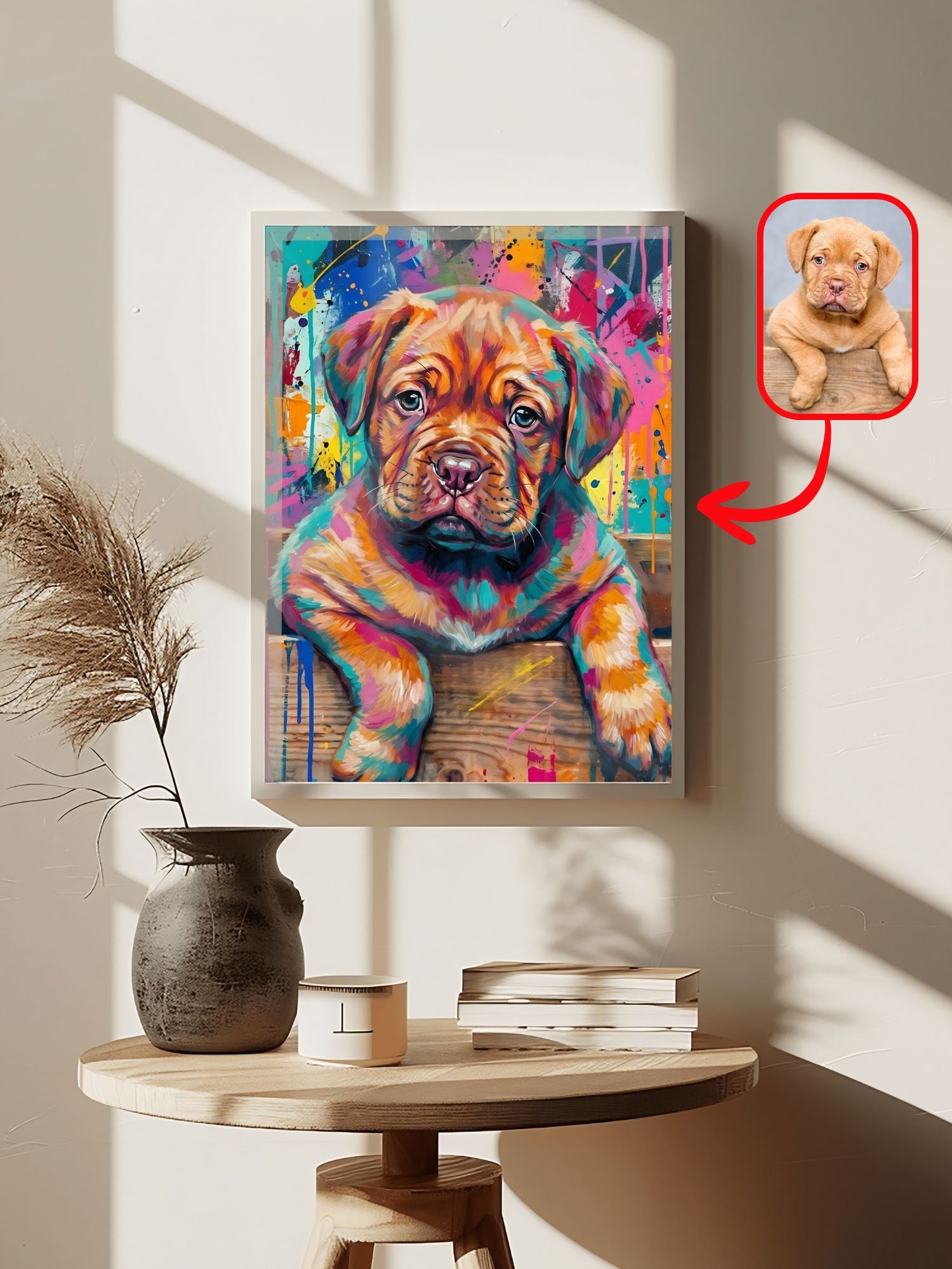 Bold colorful abstract dog portrait of a mastiff puppy from a photo