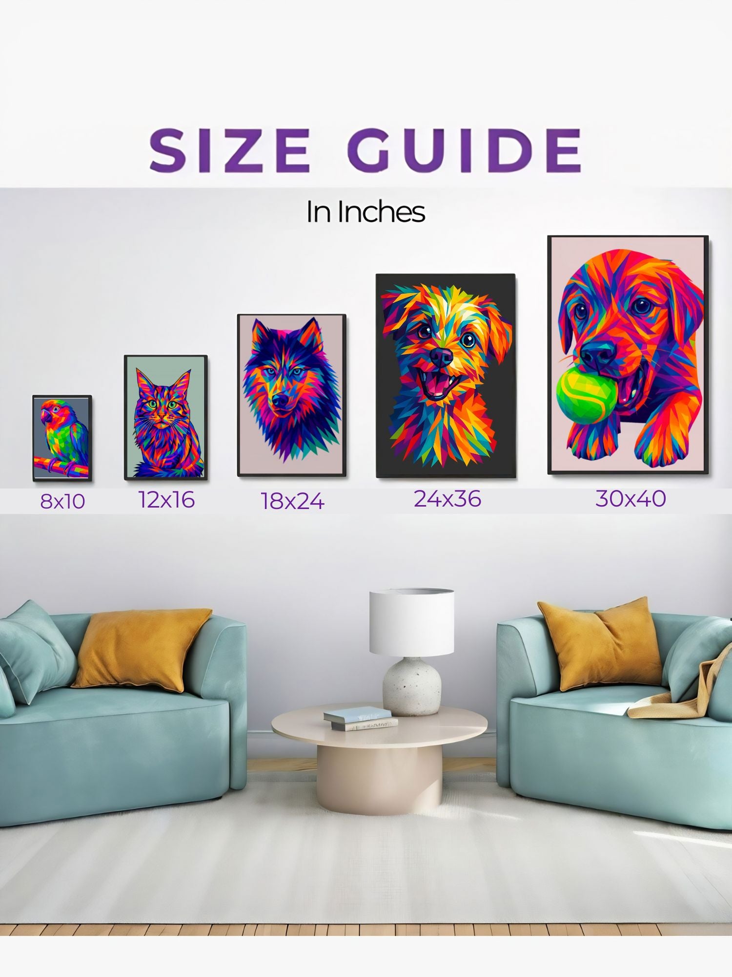 Pet portrait size guide showing print dimensions on a wall display