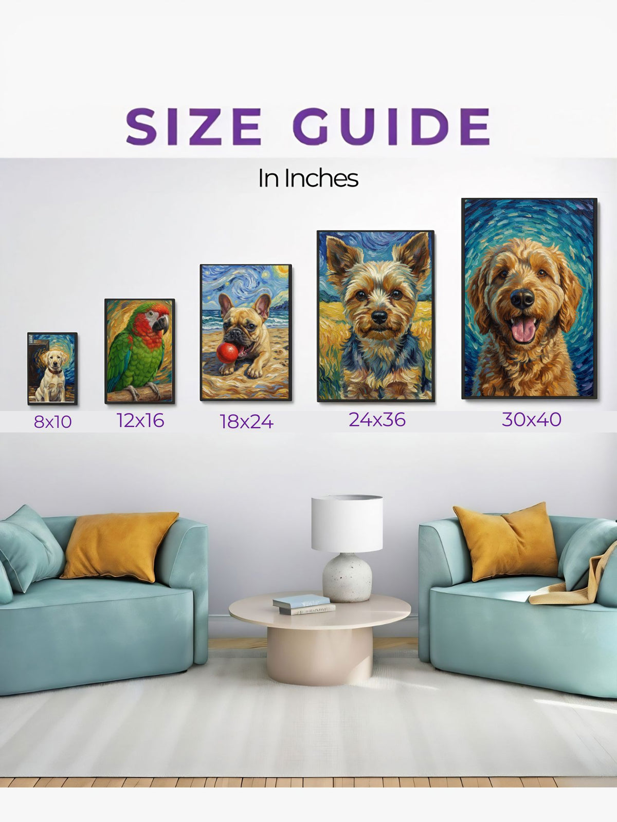 Size guide for wall art prints of dogs in a living room setting.