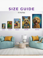 Size guide for wall art prints of dogs in a living room setting.