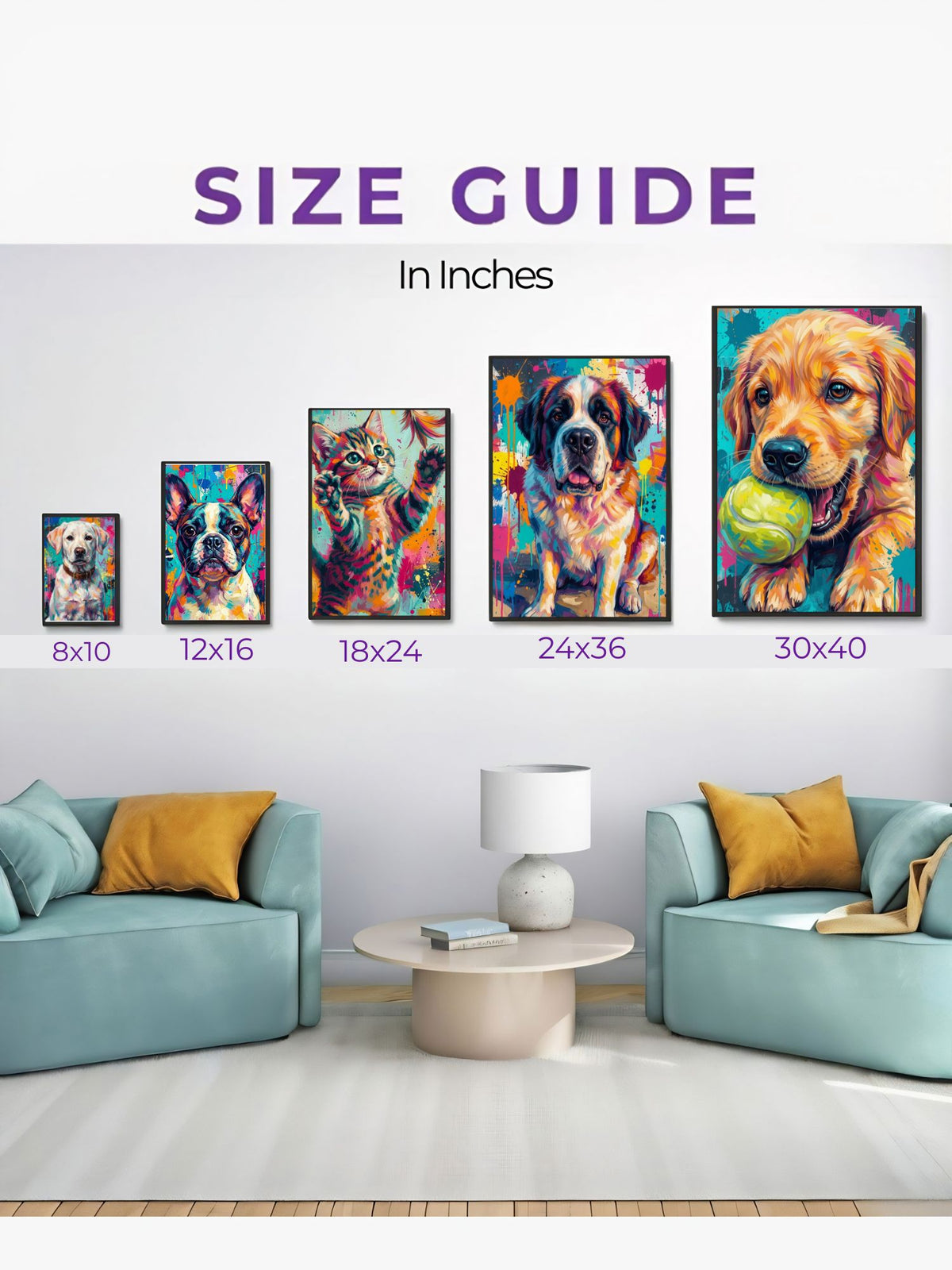 Custom pet portrait size guide displayed on a wall