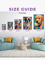 Custom pet portrait size guide displayed on a wall