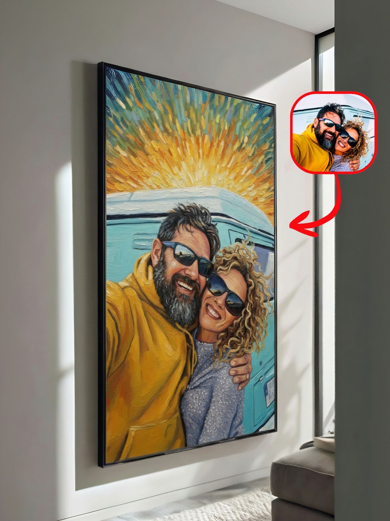 Van Gogh style couple portrait with an inset of the original photo