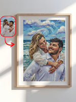 Van Gogh style couple portrait of two people embracing by the ocean