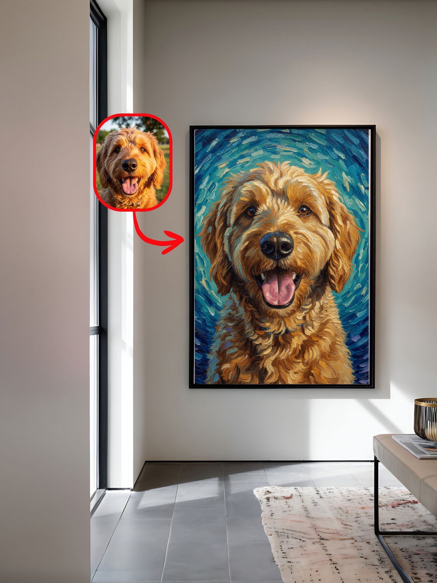 Van Gogh style dog portrait framed on a wall with a photo inset
