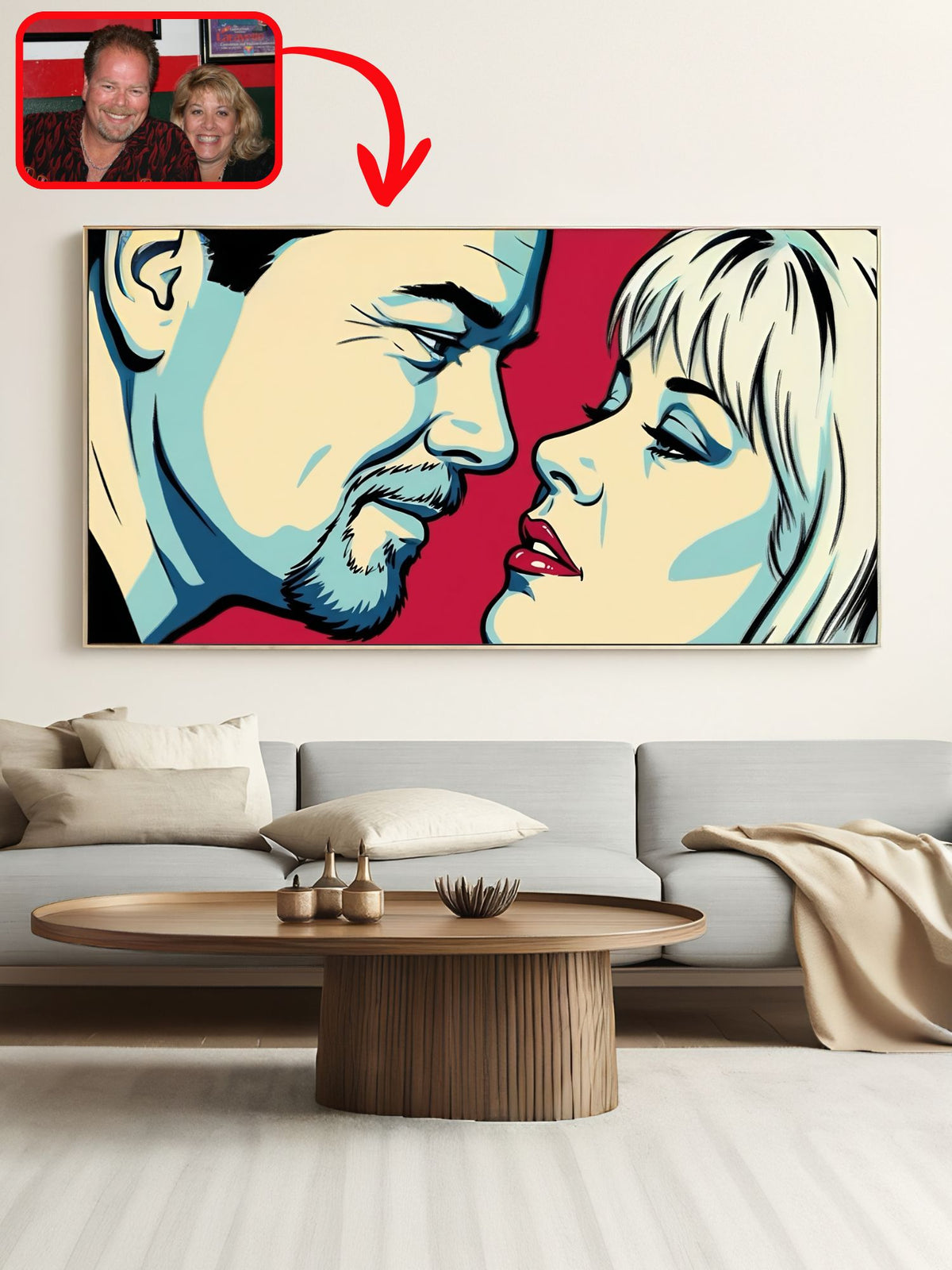 Custom pop art couple portrait in comic kiss style