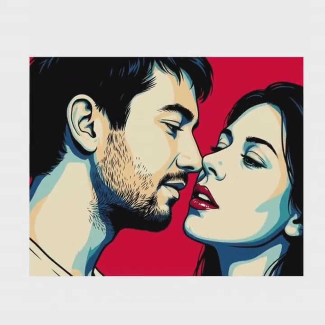 Video preview of bold pop comic kiss couple portraits made from your photo